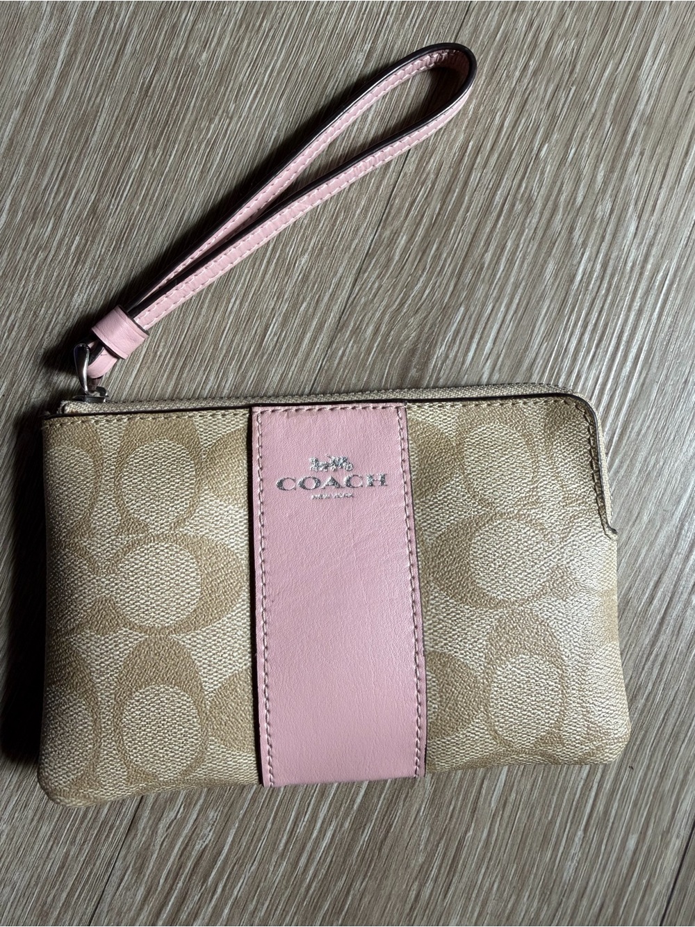 Coach Pink Leather-Trim Signature Canvas Wristlet